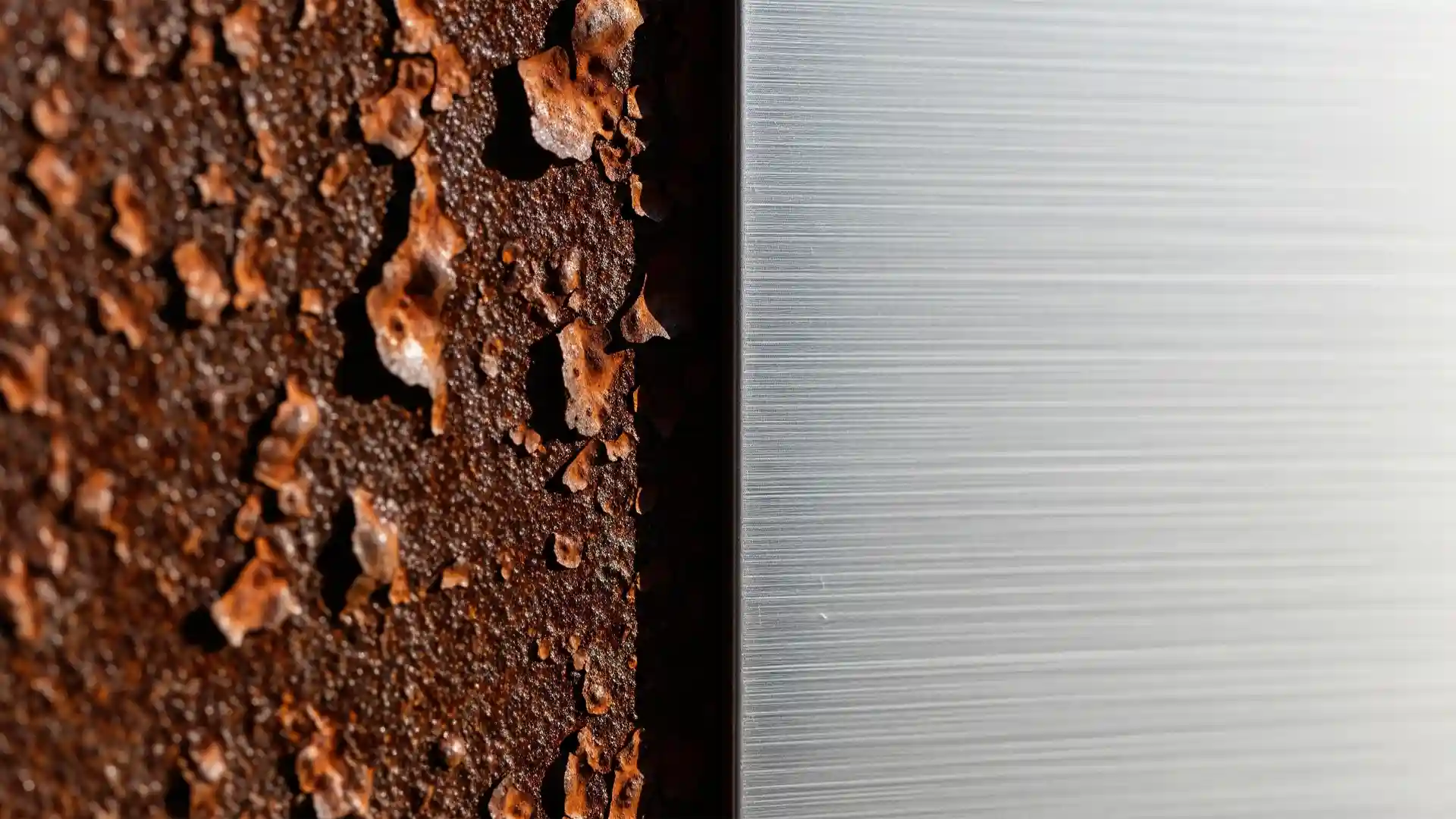 مقایسه نزدیک بافت سطح فلز آهن با زنگ زدگی قرمز و قهوه‌ای در کنار سطح صاف و نقره‌ای آلومینیوم.