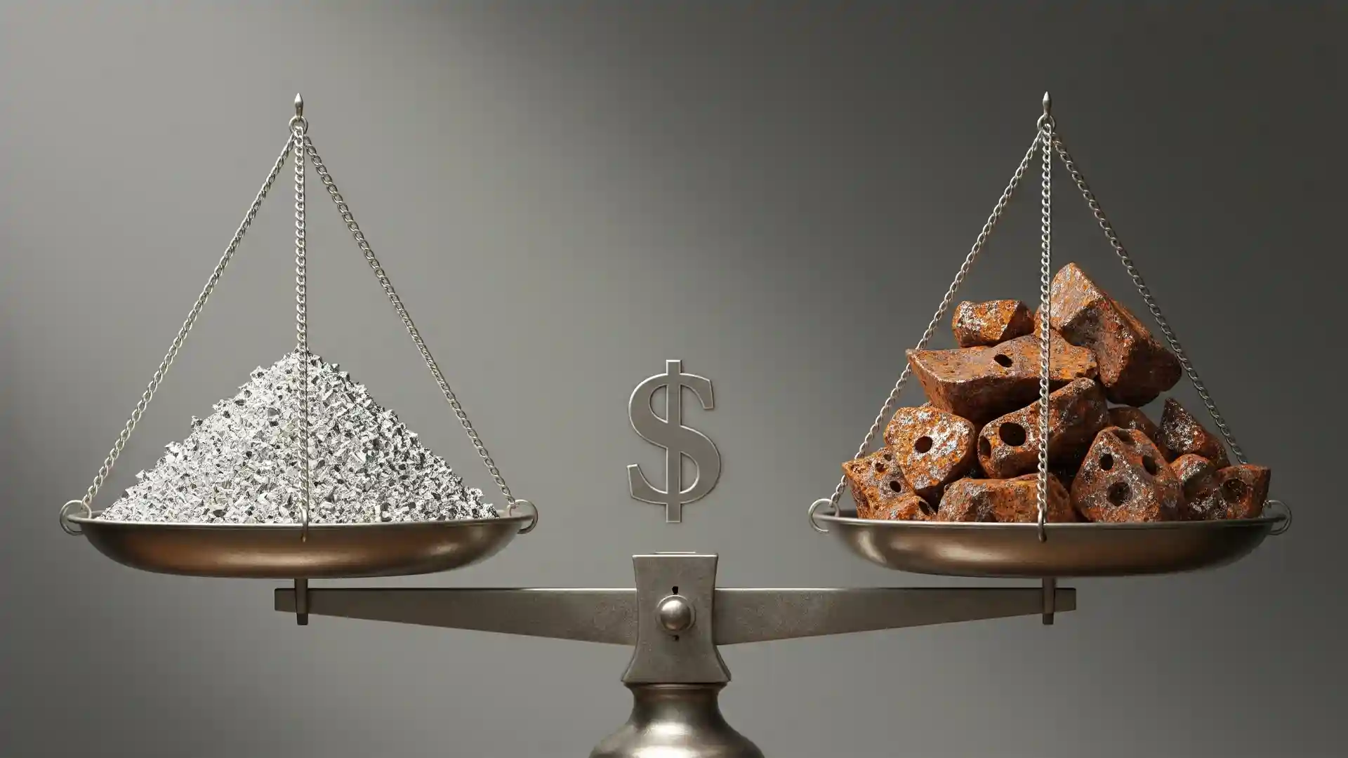 ترازویی که در یک کفه آن مقدار کمی ضایعات آلومینیوم و در کفه دیگر مقدار زیادی ضایعات آهن برای نمایش تفاوت ارزش قرار دارد.