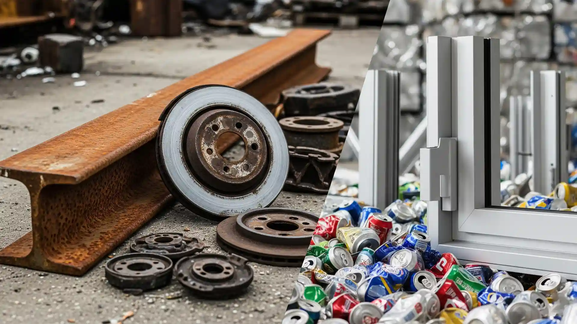 تصویر مقایسه‌ای بین منابع ضایعات آهن مانند تیرآهن و منابع ضایعات آلومینیوم مانند قوطی نوشابه.