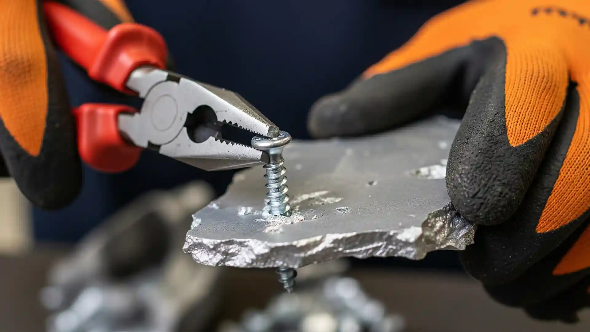 فردی در حال جدا کردن یک پیچ آهنی از قطعه آلومینیومی برای افزایش ارزش و خلوص ضایعات.