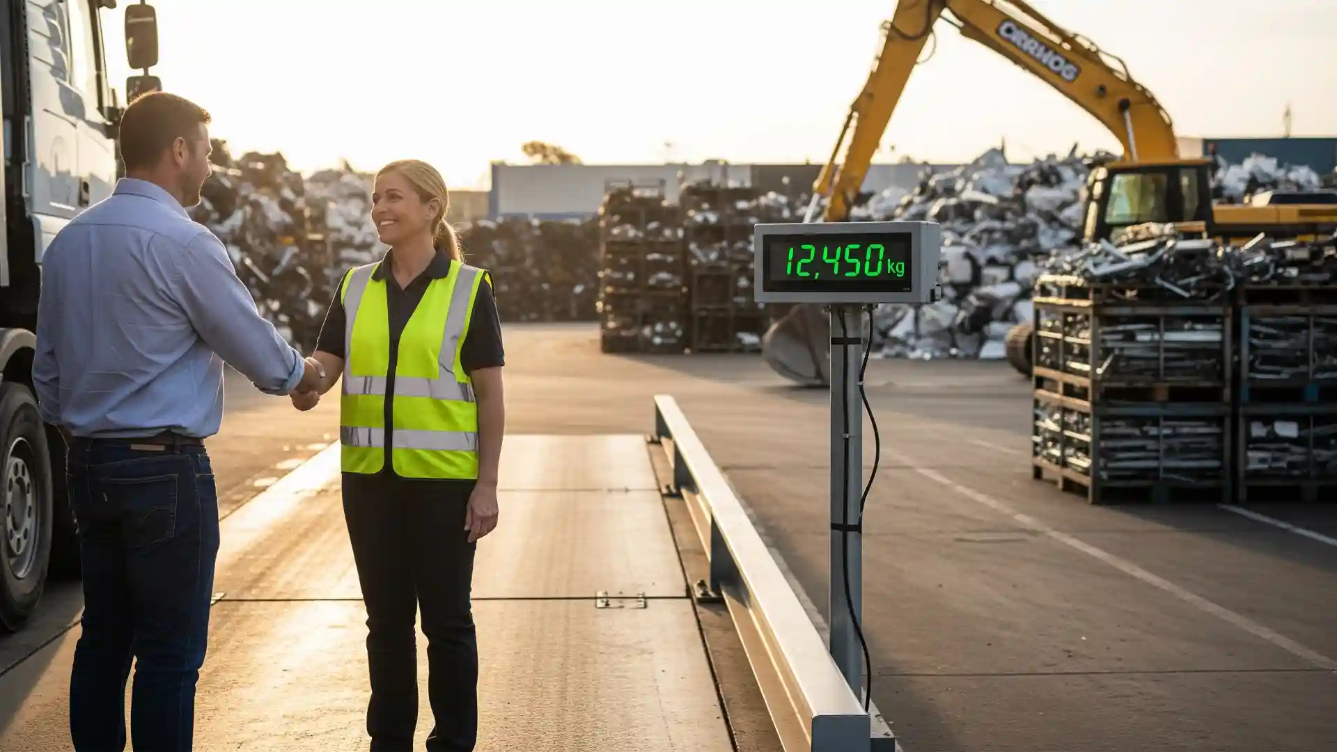 فروشنده ضایعات در حال دست دادن با مدیر یک مرکز خرید معتبر به نشانه یک معامله منصفانه.