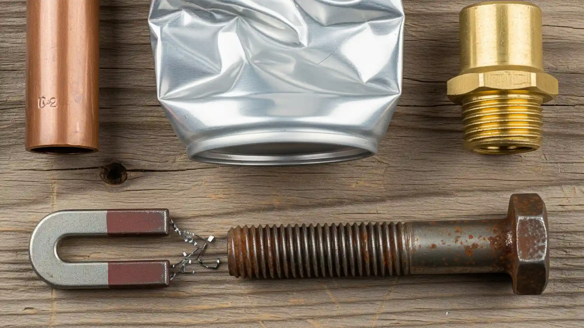 انواع ضایعات فلزی شامل مس، آلومینیوم، برنج و آهن که برای نمایش تفاوتها در کنار هم چیده شدهاند.