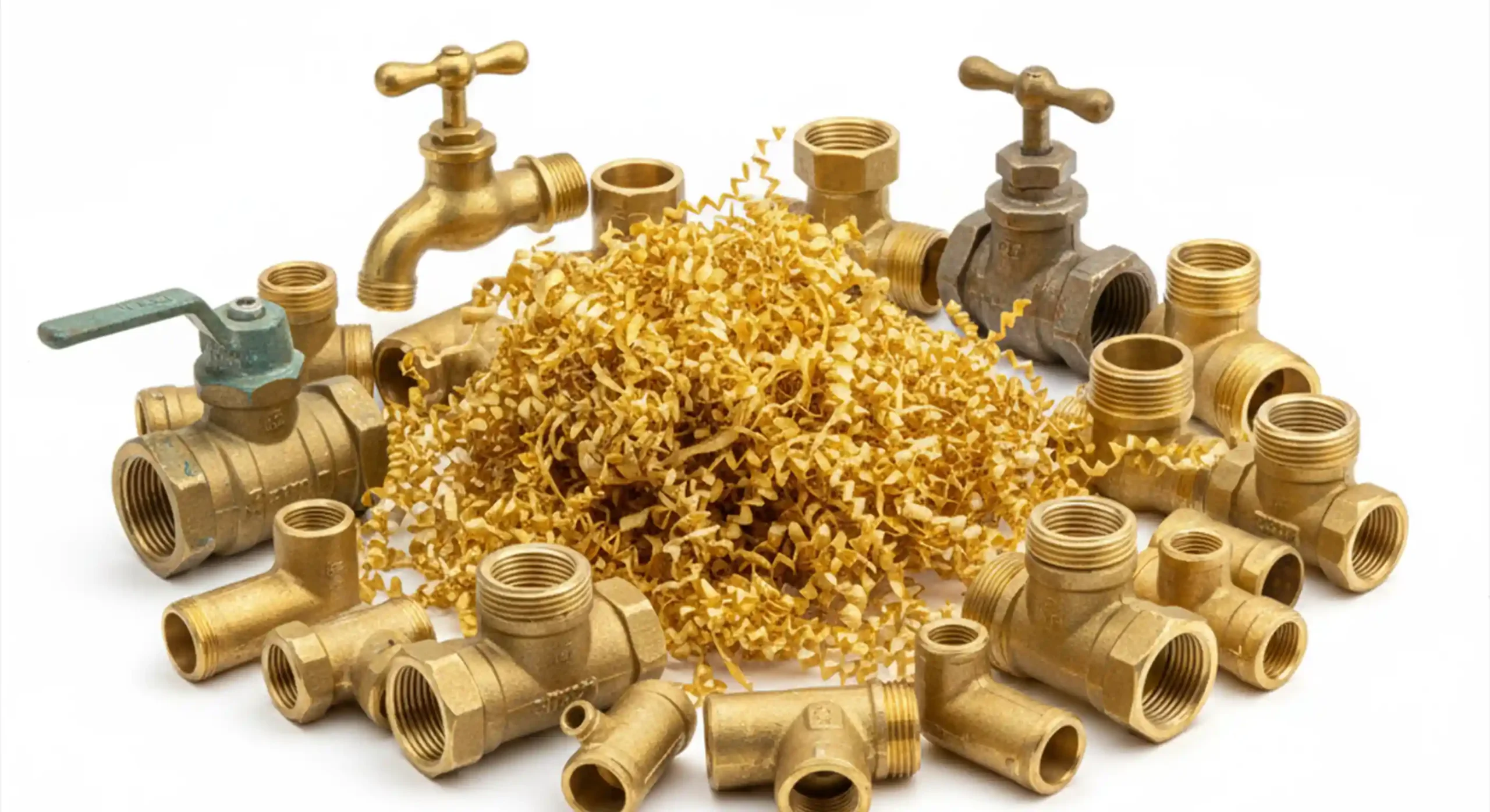 نمایی نزدیک از ضایعات مختلف برنج و شیرآلات، آماده بازیافت توسط ضایعات حامد.