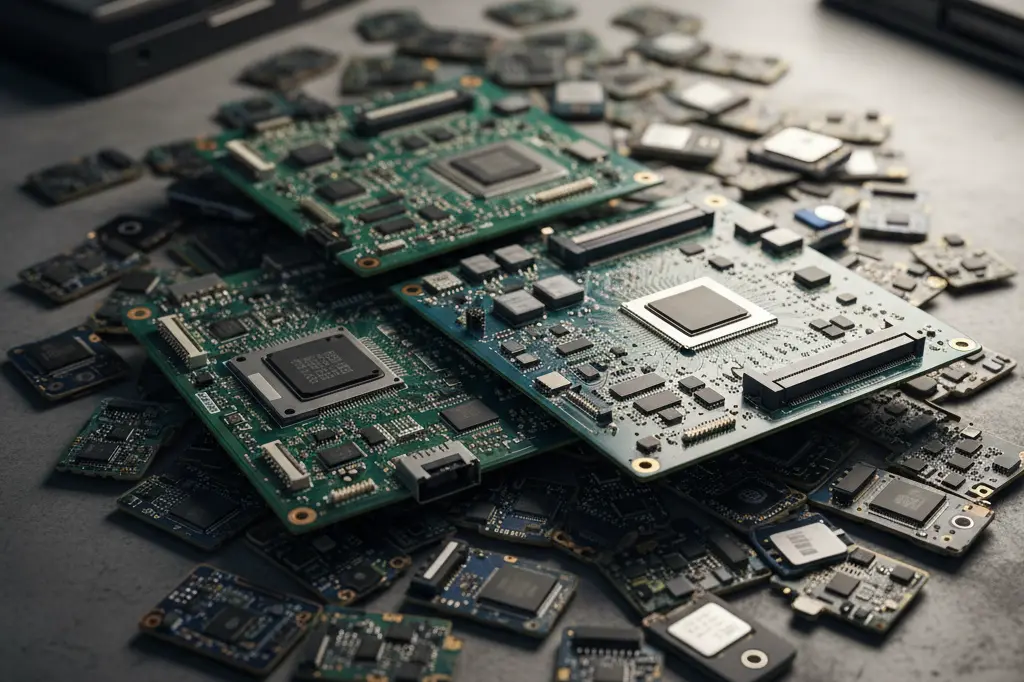 ضایعات لپ تاپ و موبایل، شامل مادربرد لپ تاپ و بردهای موبایل خراب.