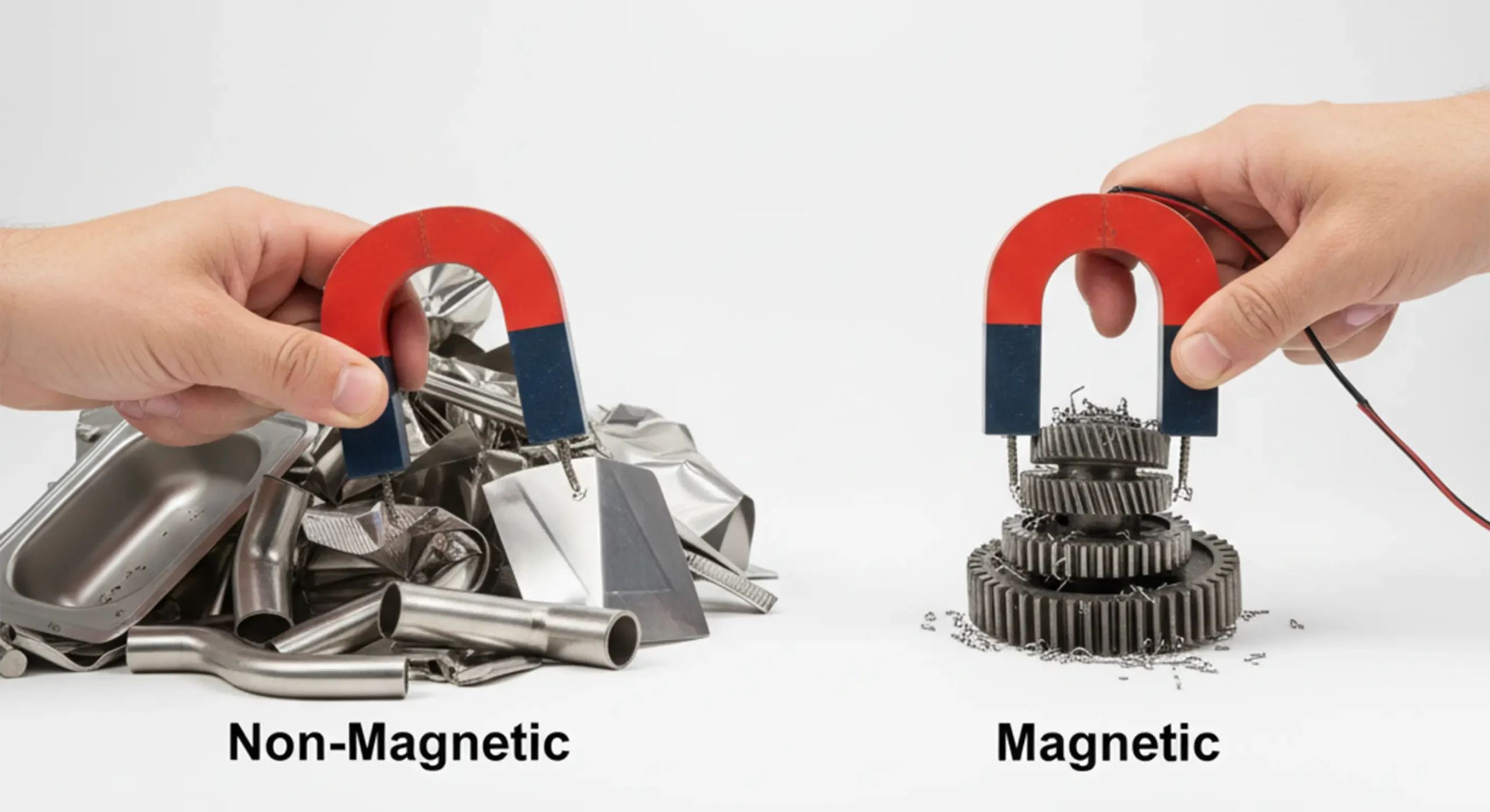 تست آهنربا برای تشخیص ضایعات استیل بگیر از استیل نگیر.