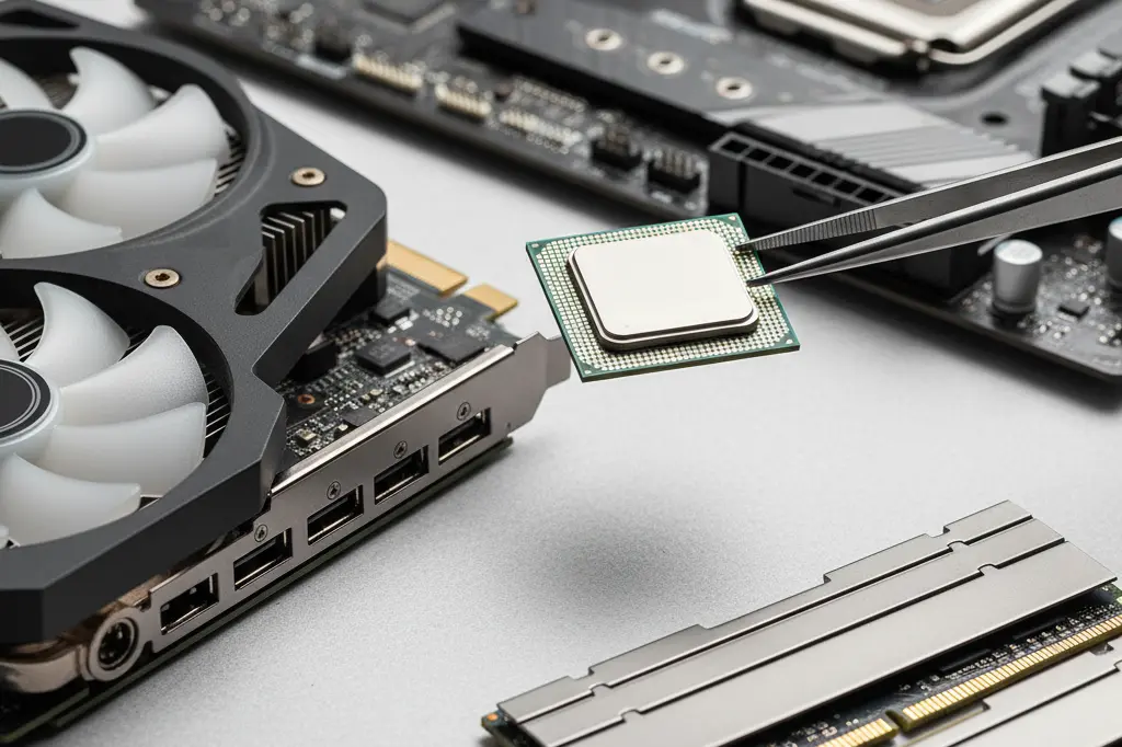 ضایعات قطعات اصلی کامپیوتر شامل CPU، رم و کارت گرافیک.