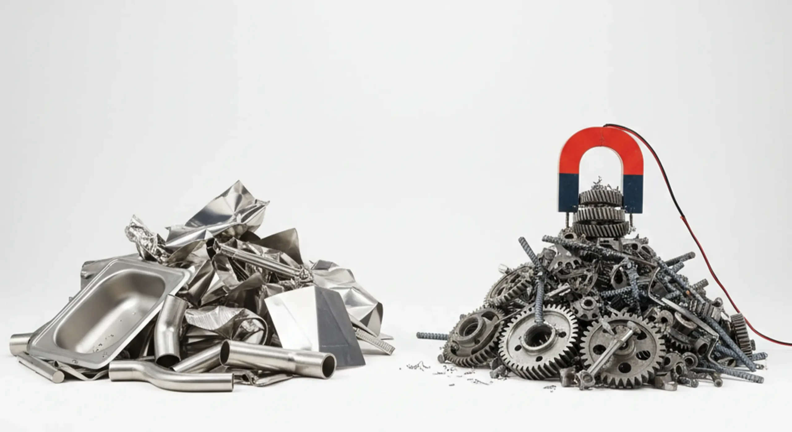 ضایعات استیل نگیر (۳۰۴) و استیل بگیر (مغناطیسی) در کنار ضایعات فولاد.