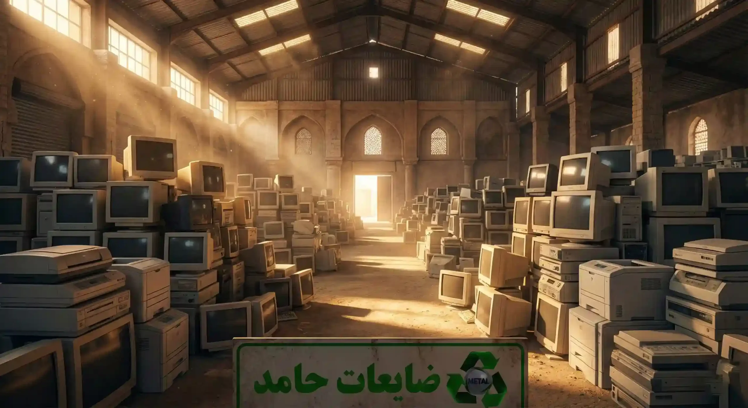 خرید عمده ضایعات لوازم اداری، مانیتور و پرینترهای اسقاطی با نورپردازی دراماتیک در انبار