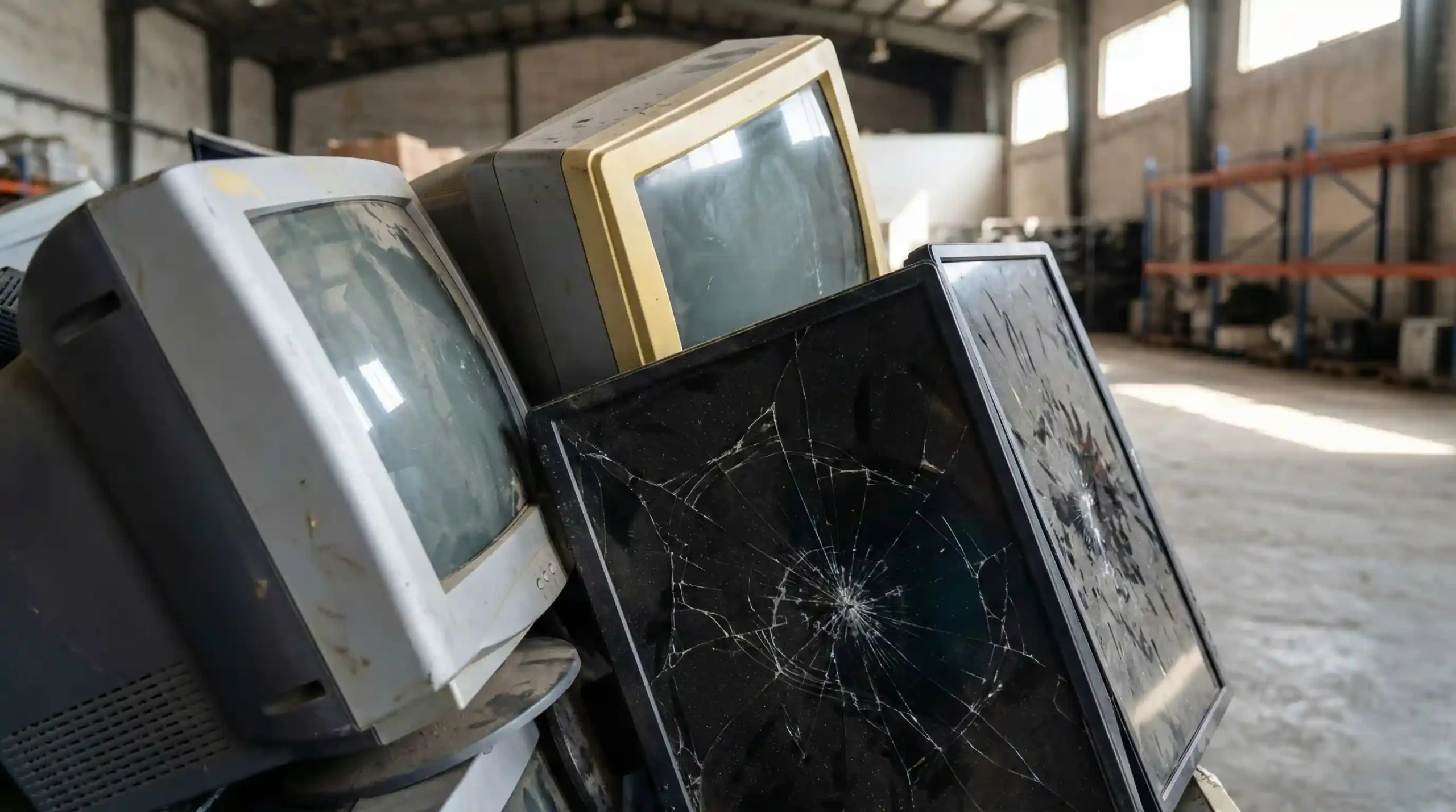 مجموعه ضایعات مانیتورهای قدیمی لامپی CRT و مانیتورهای LED شکسته آماده بازیافت