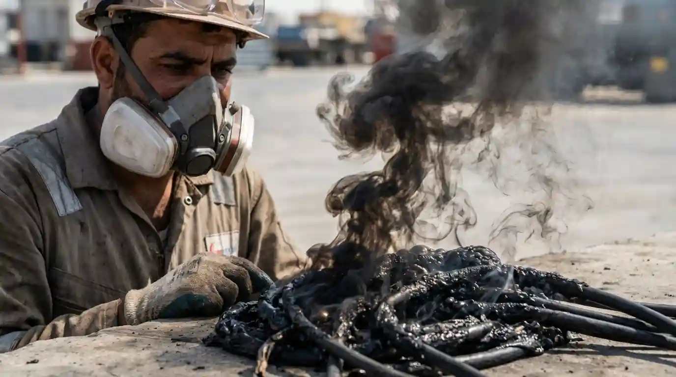  کارگر با ماسک تنفسی در حال مشاهده دود سیاه ناشی از سوختن روکش پلاستیکی سیم