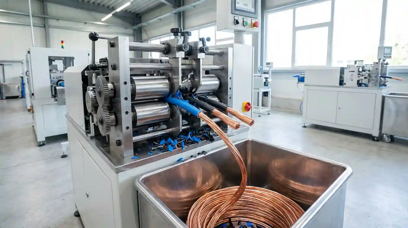 دستگاه سیم لخت کن صنعتی در حال جدا کردن روکش کابل از مس بدون حرارت