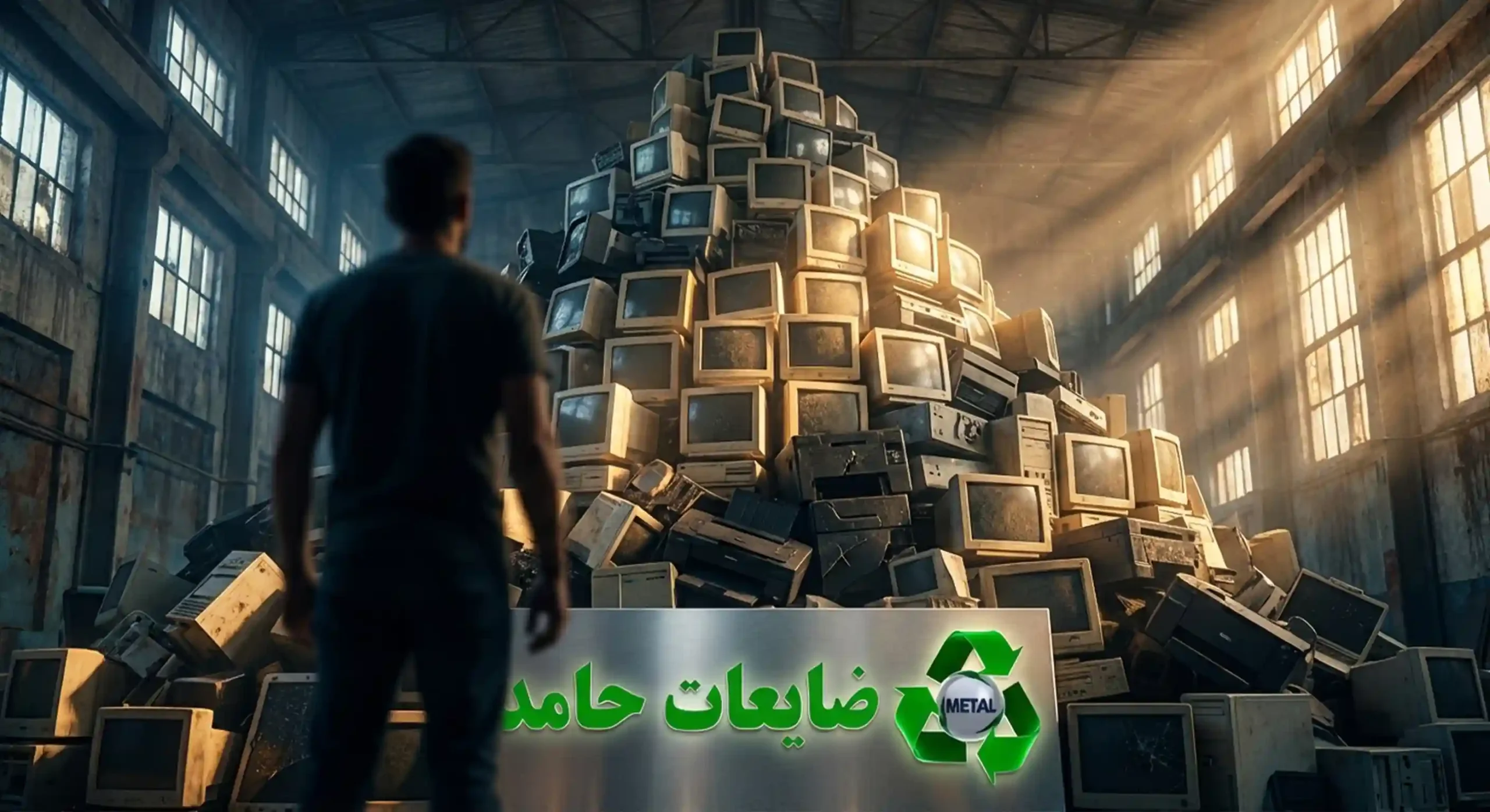 کوهی از قاب‌های مانیتور و پرینتر قدیمی و ضایعات پلاستیک ABS در انبار ضایعات حامد با نورپردازی سینمایی.