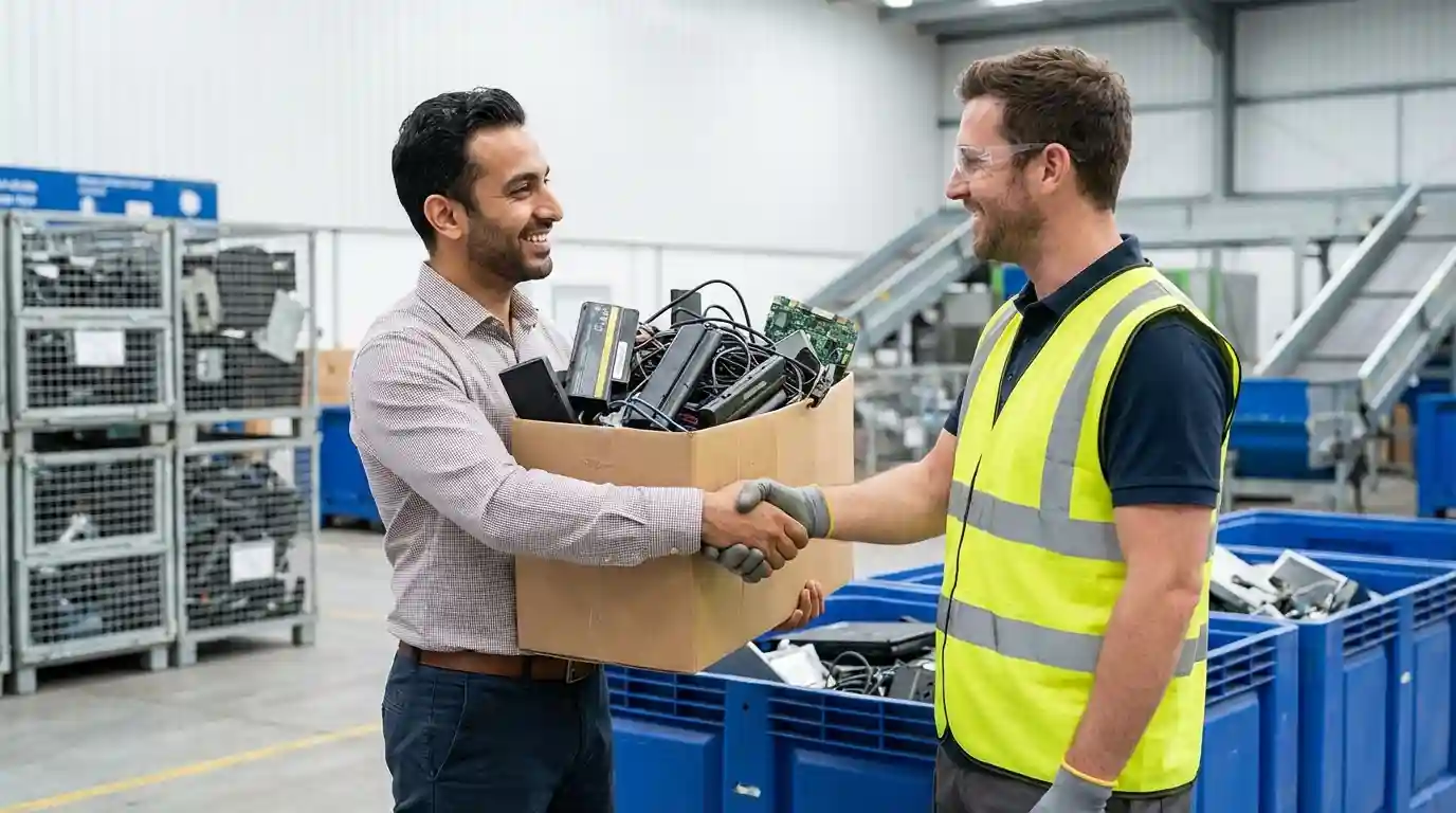 تحویل ایمن ضایعات باتریهای قدیمی به خریدار معتبر ضایعات حامد با لبخند رضایت.